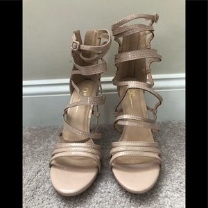 Nude faux patent leather sandals